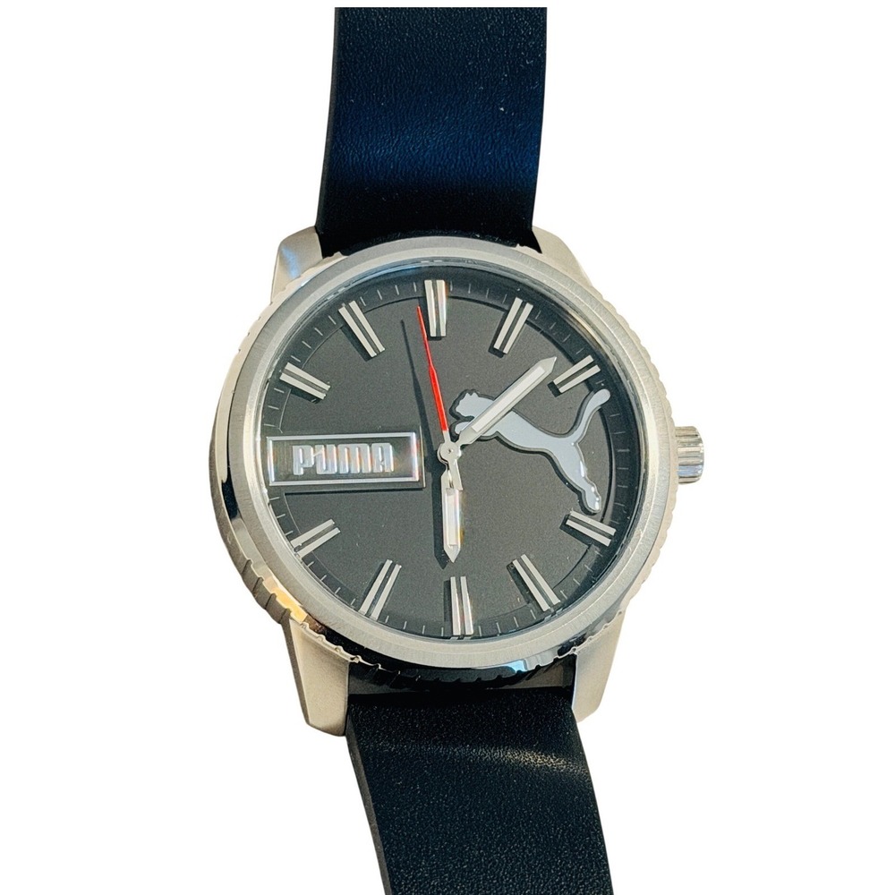 Puma Mens P5081 Black Dial Leather Strap Sport Watch 5ATM Stainless Steel